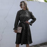 Dot Printed High Waist Spring Autumn Dress Women Long Sleeve A-line Pleated Dress Plus Size Sai Feel